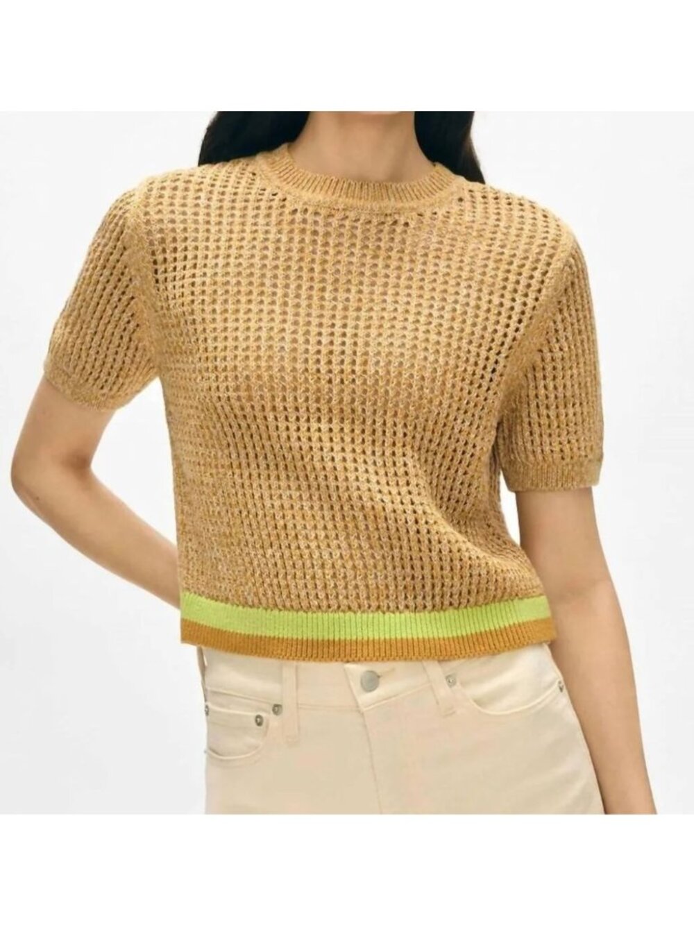 WHITE + WARREN Mesh Sweater T-Shirt Tan Marl 100% Organic Cotton Medium